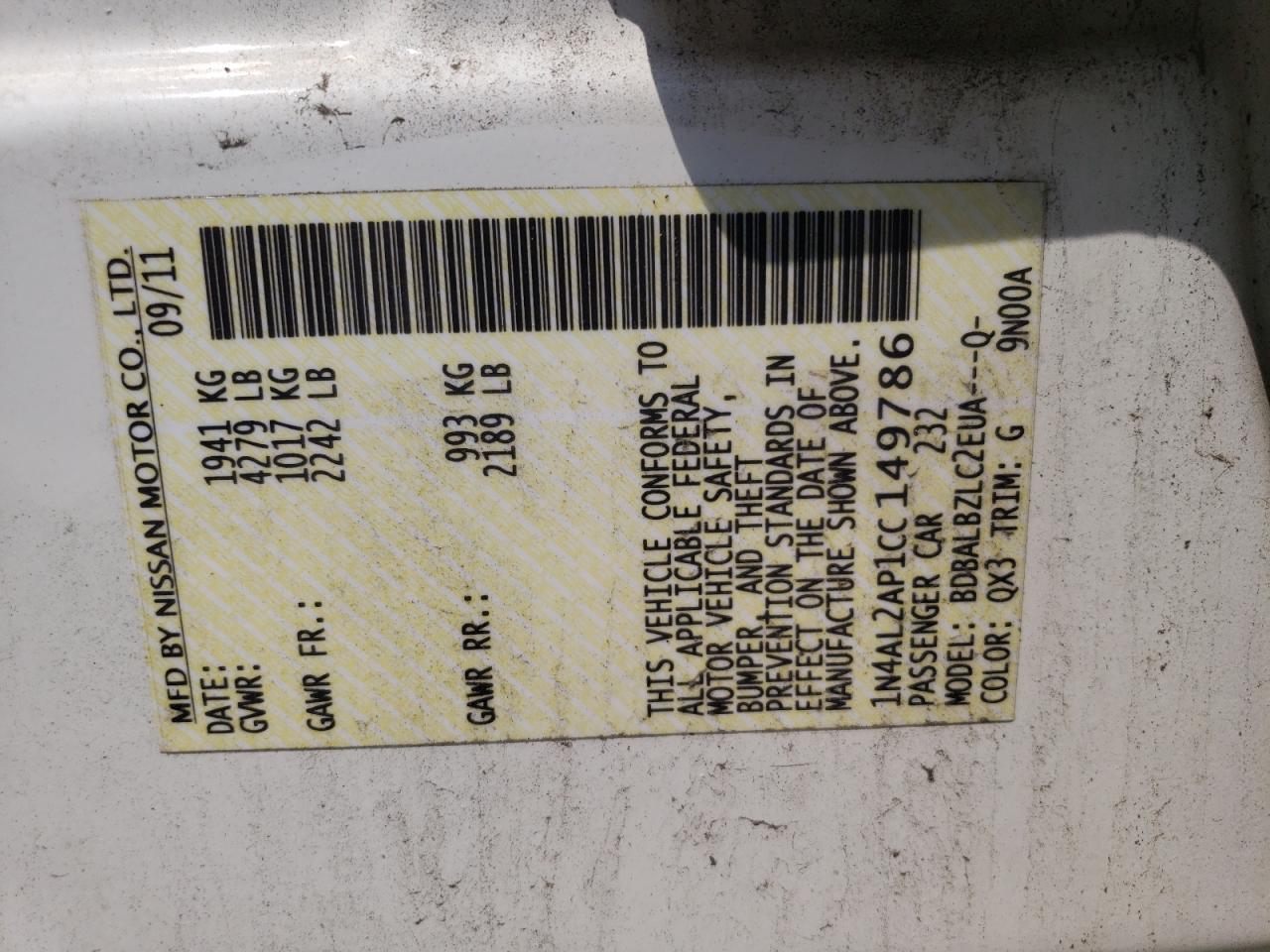 Photo 10 from auction – 2012 NISSAN ALTIMA BAS with VIN 1N4AL2AP1CC149786