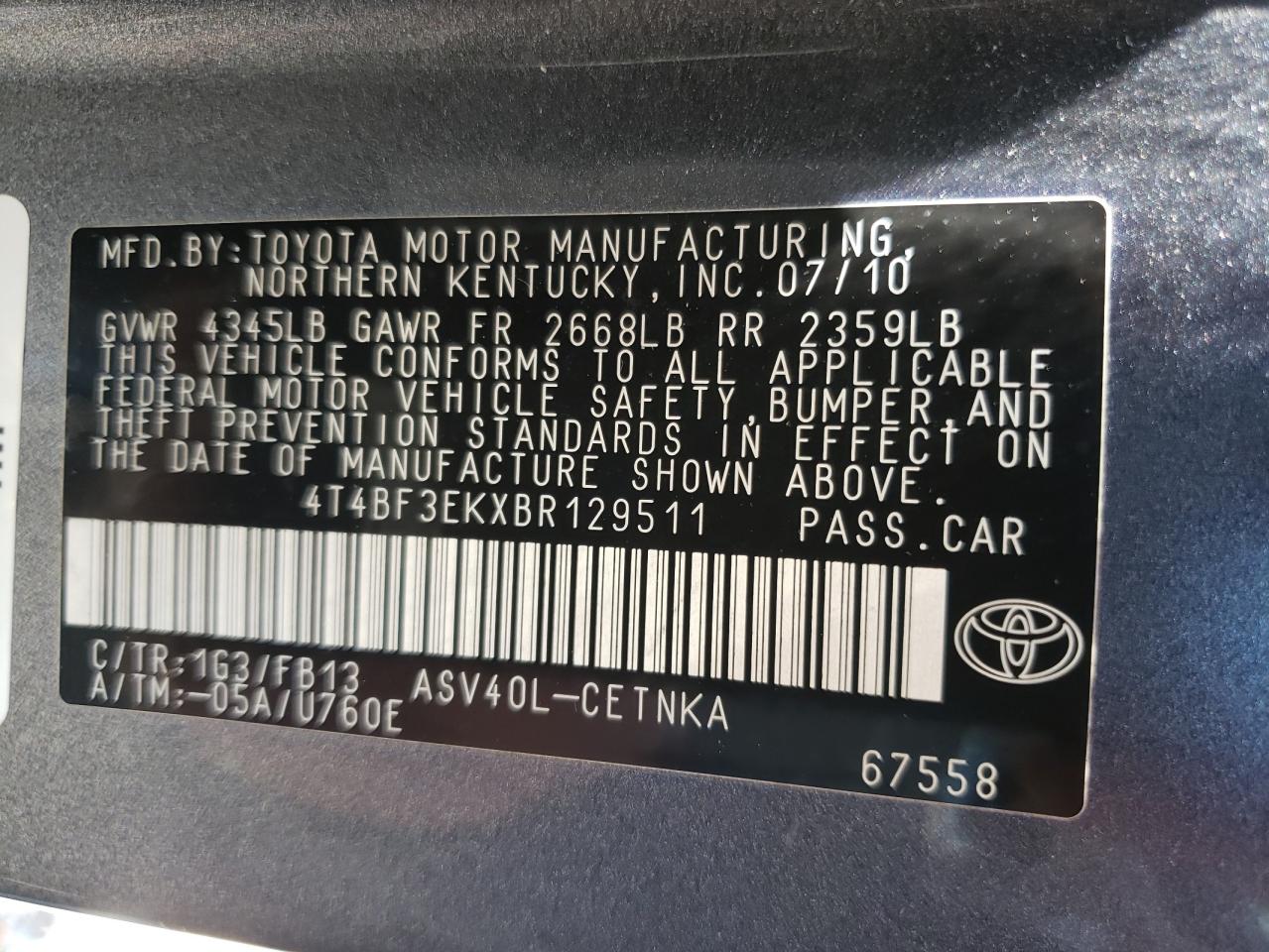 Photo 11 from auction – 2011 TOYOTA CAMRY BASE with VIN 4T4BF3EKXBR129511