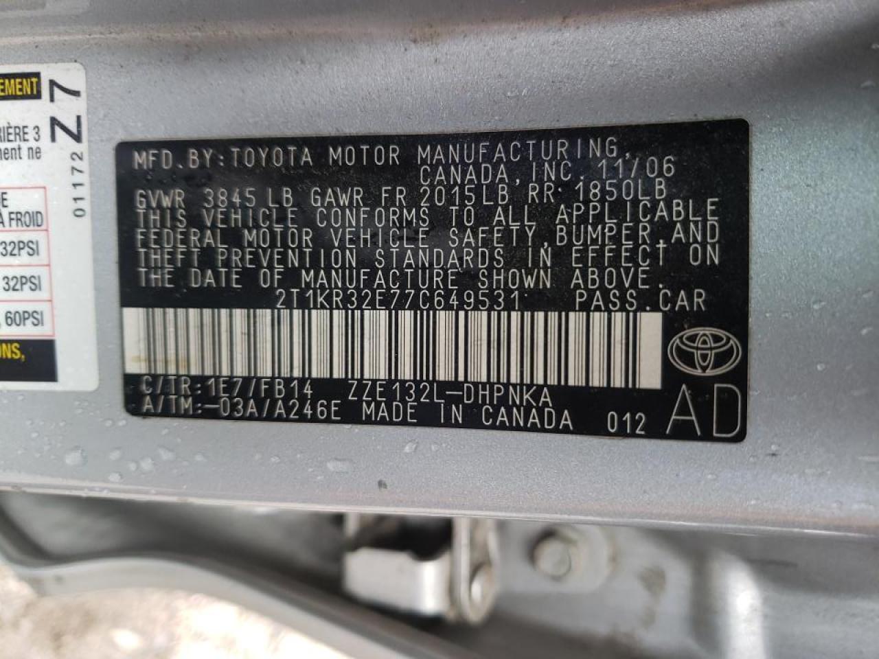 Photo 10 from auction – 2007 TOYOTA COROLLA MA with VIN 2T1KR32E77C649531