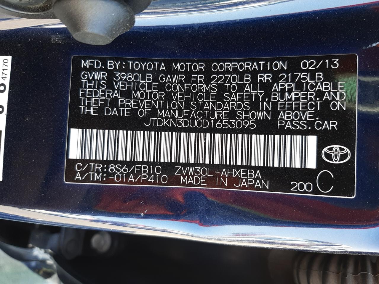 Photo 10 from auction – 2013 TOYOTA PRIUS with VIN JTDKN3DU0D1653095