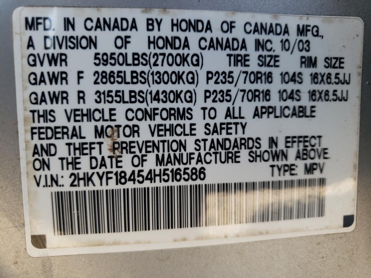 Foto 11 de la subasta – 2004 HONDA PILOT EX con VIN 2HKYF18454H516586