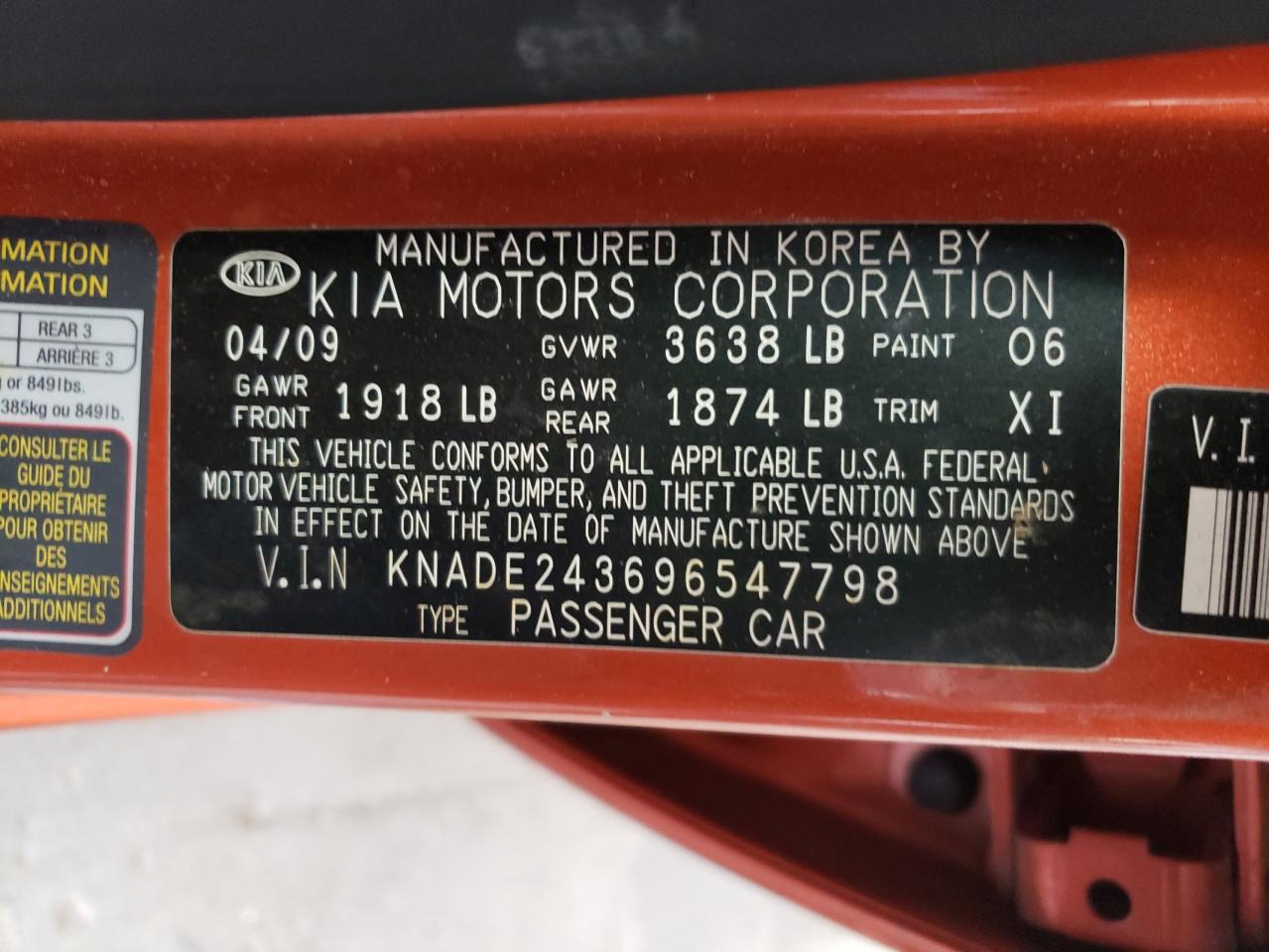 Photo 10 from auction – 2009 KIA RIO 5 SX with VIN KNADE243696547798