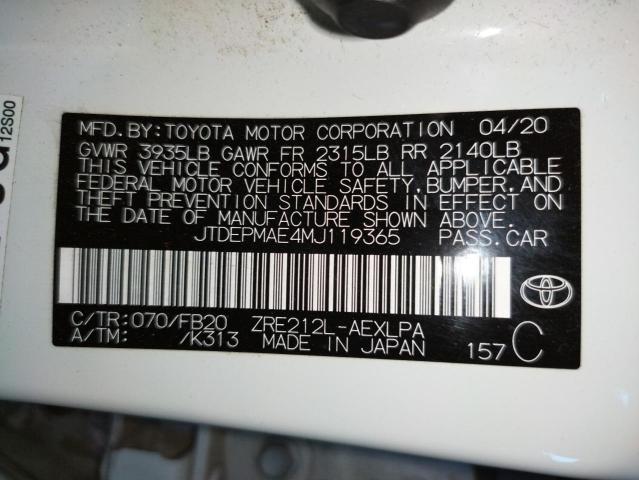 Photo 10 from auction – 2021 TOYOTA COROLLA LE with VIN JTDEPMAE4MJ119365