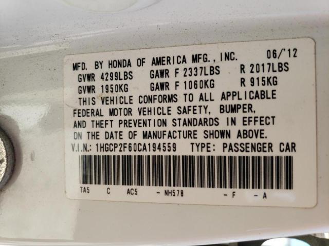 Photo 10 from auction – 2012 HONDA ACCORD SE with VIN 1HGCP2F60CA194559