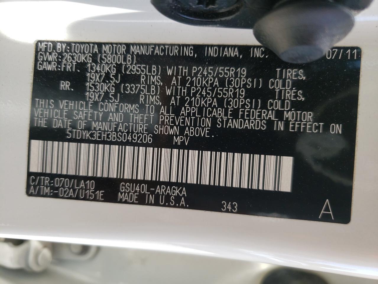 Photo 10 from auction – 2011 TOYOTA HIGHLANDER with VIN 5TDYK3EH3BS049206