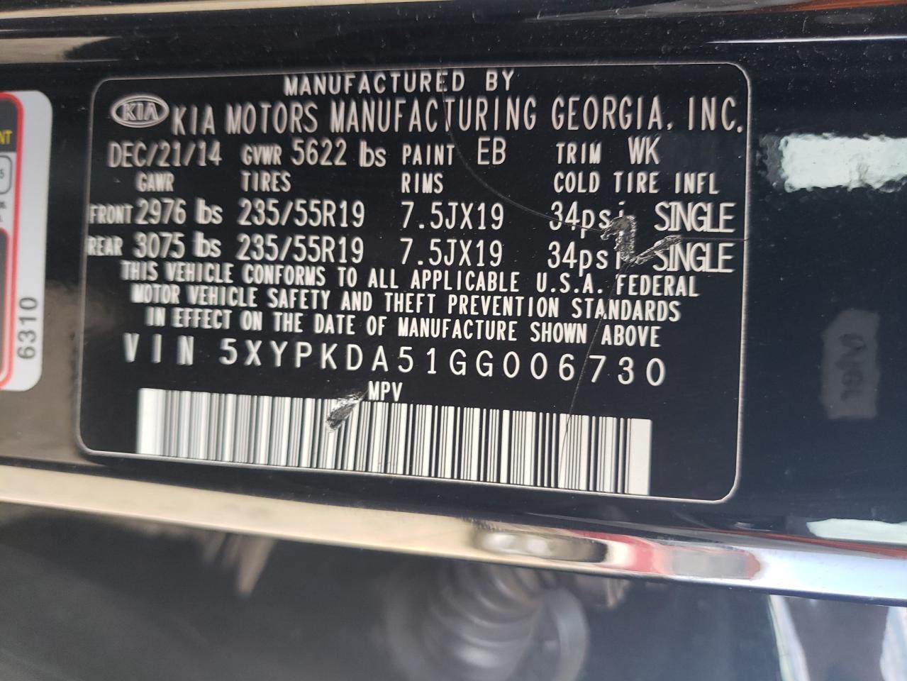Photo 10 from auction – 2016 KIA SORENTO SX with VIN 5XYPKDA51GG006730