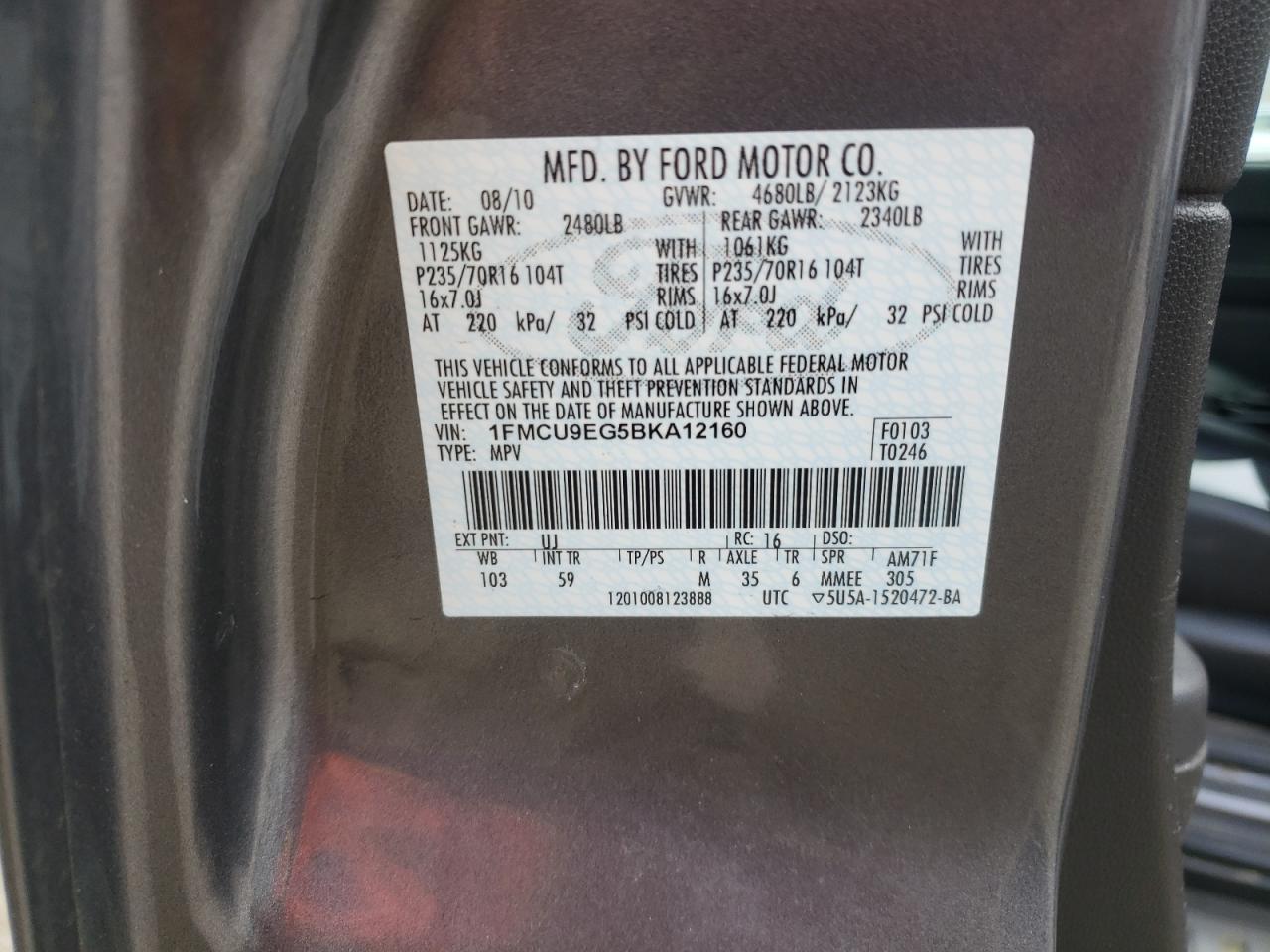 Photo 10 from auction – 2011 FORD ESCAPE LIM with VIN 1FMCU9EG5BKA12160