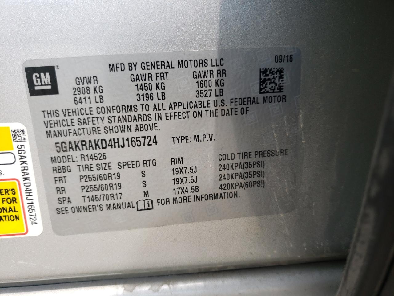 Photo 10 from auction – 2017 BUICK ENCLAVE with VIN 5GAKRAKD4HJ165724