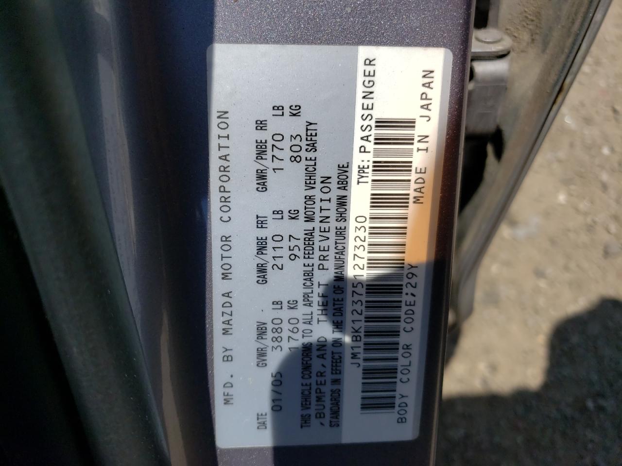 Photo 10 from auction – 2005 MAZDA 3 S with VIN JM1BK123751273230