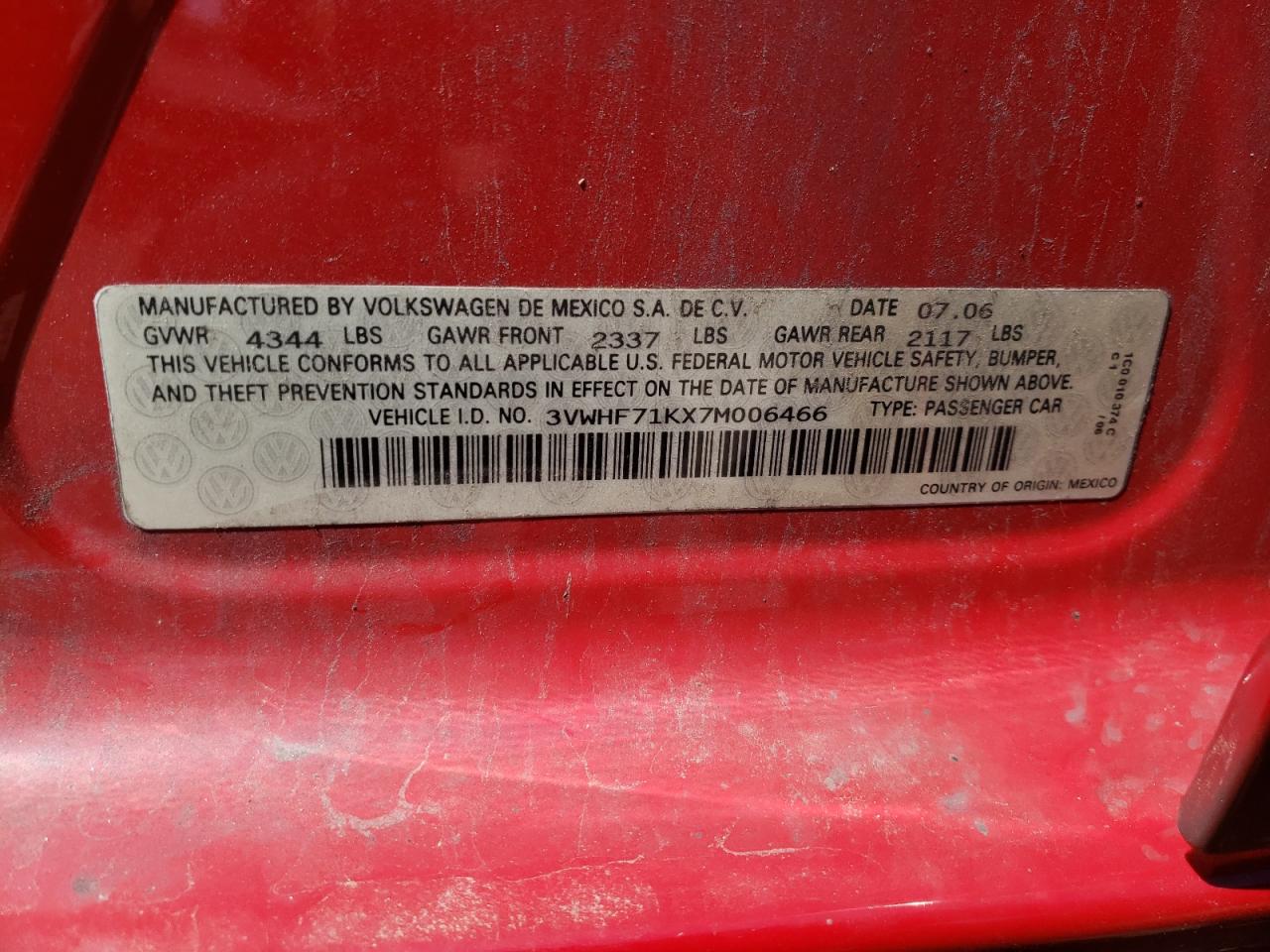Photo 10 from auction – 2007 VOLKSWAGEN JETTA 2.5 with VIN 3VWHF71KX7M006466