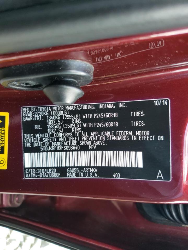 Photo 10 from auction – 2015 TOYOTA HIGHLANDER with VIN 5TDJKRFHXFS098640