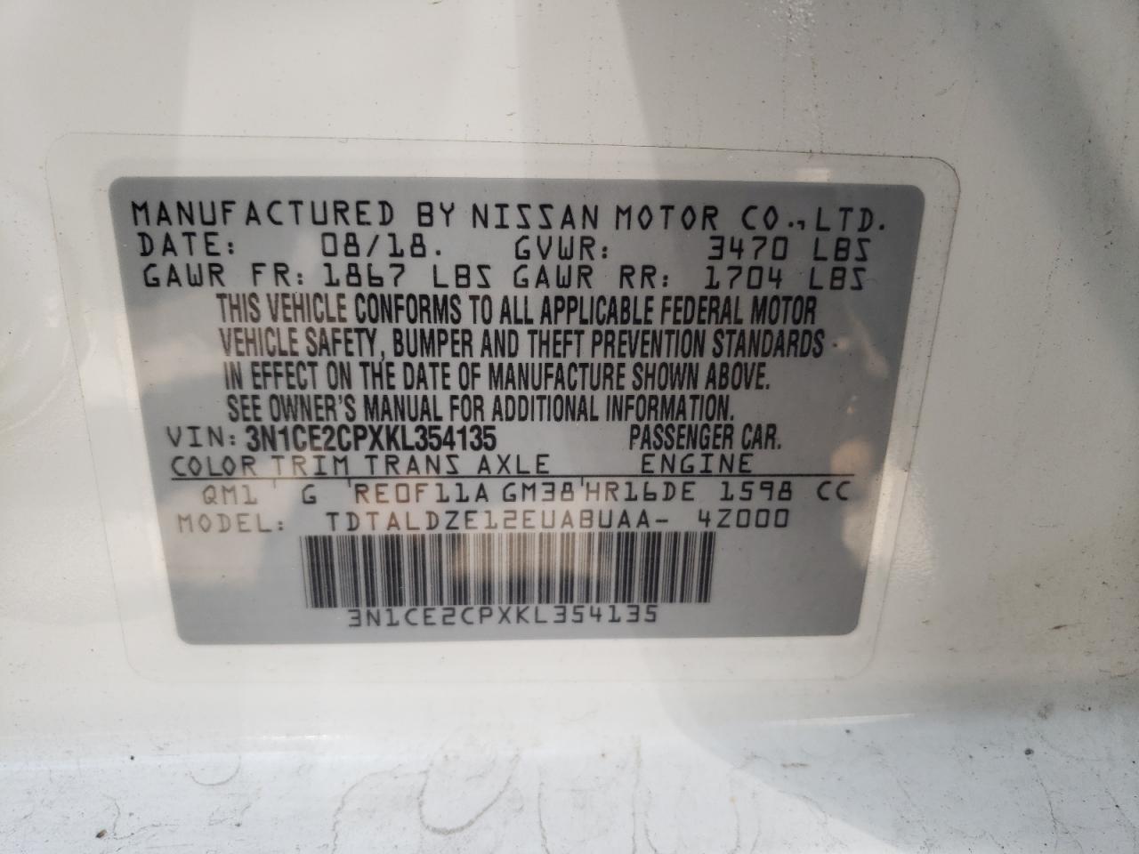 Photo 10 from auction – 2019 NISSAN VERSA NOTE with VIN 3N1CE2CPXKL354135