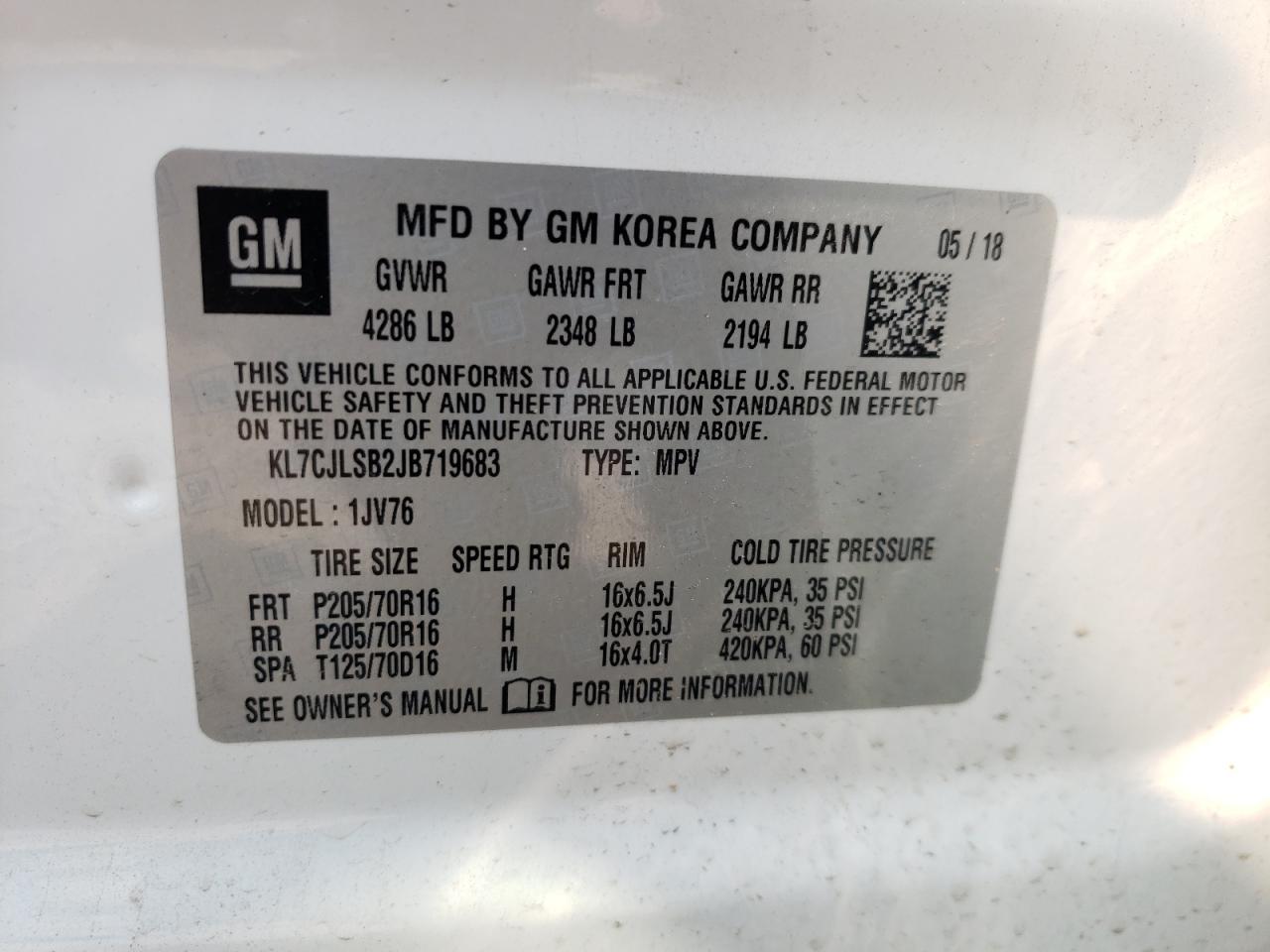 Photo 10 from auction – 2018 CHEVROLET TRAX 1LT with VIN KL7CJLSB2JB719683