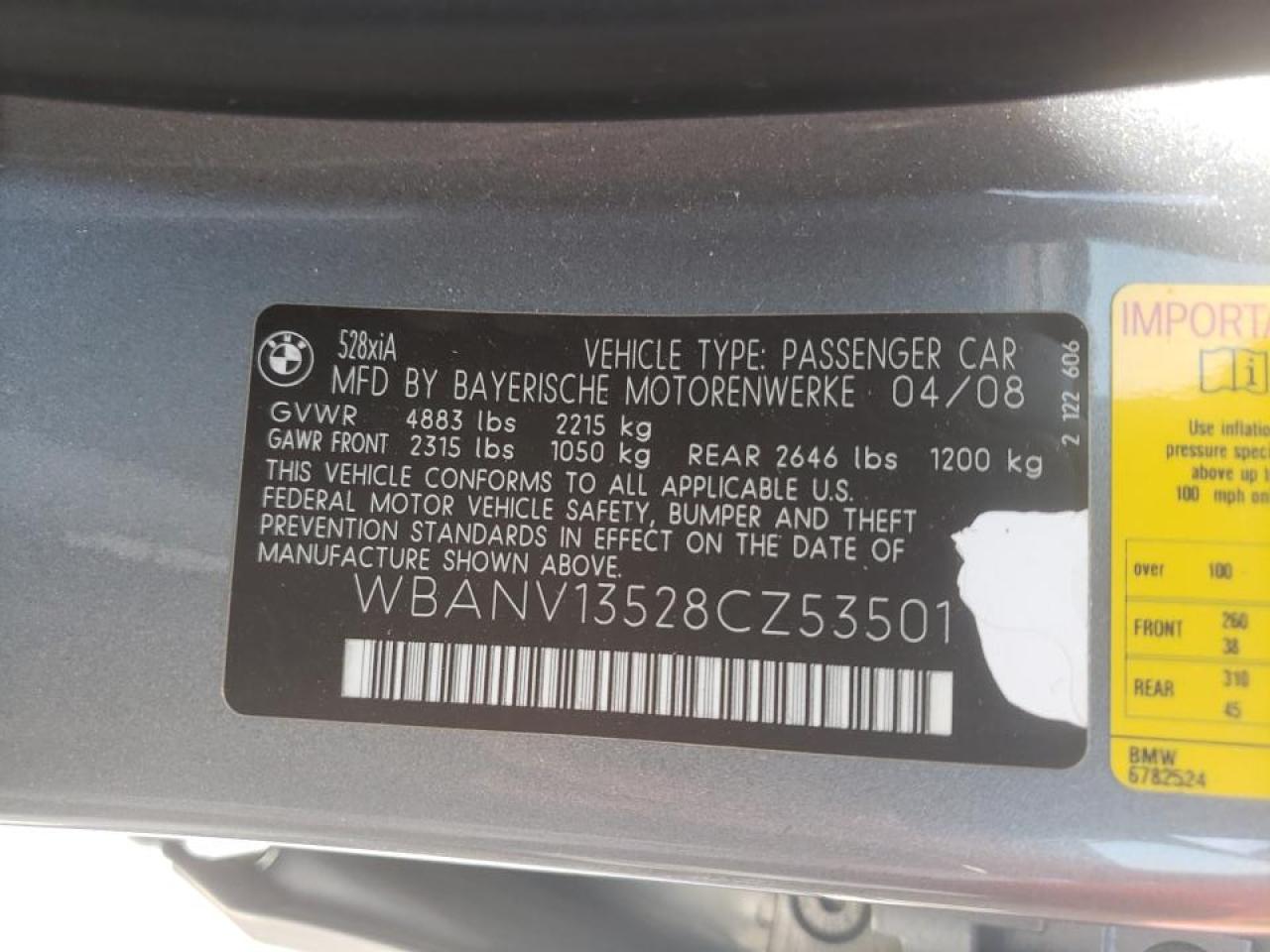 Photo 10 from auction – 2008 BMW 528 XI with VIN WBANV13528CZ53501