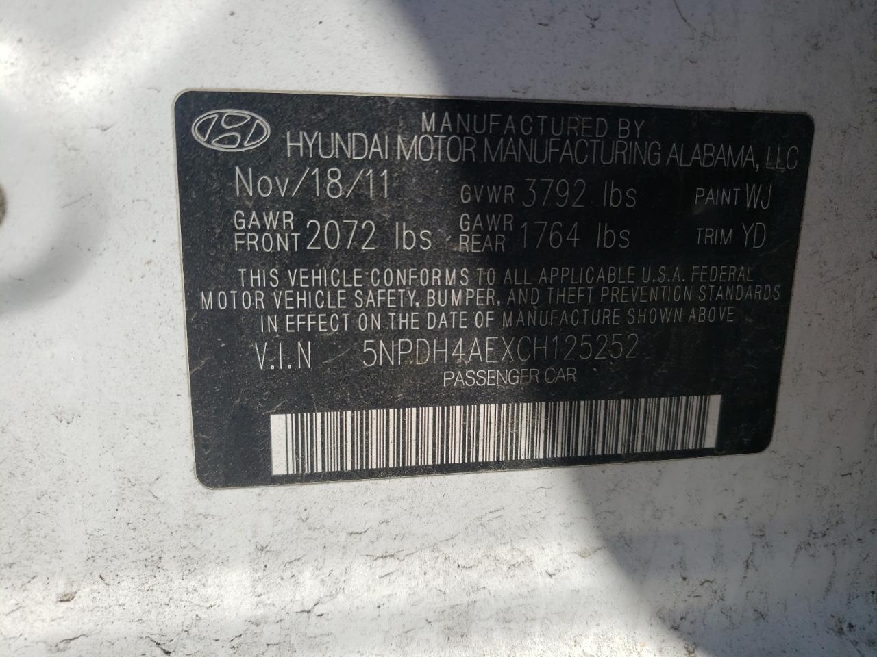 Photo 10 from auction – 2012 HYUNDAI ELANTRA GL with VIN 5NPDH4AEXCH125252