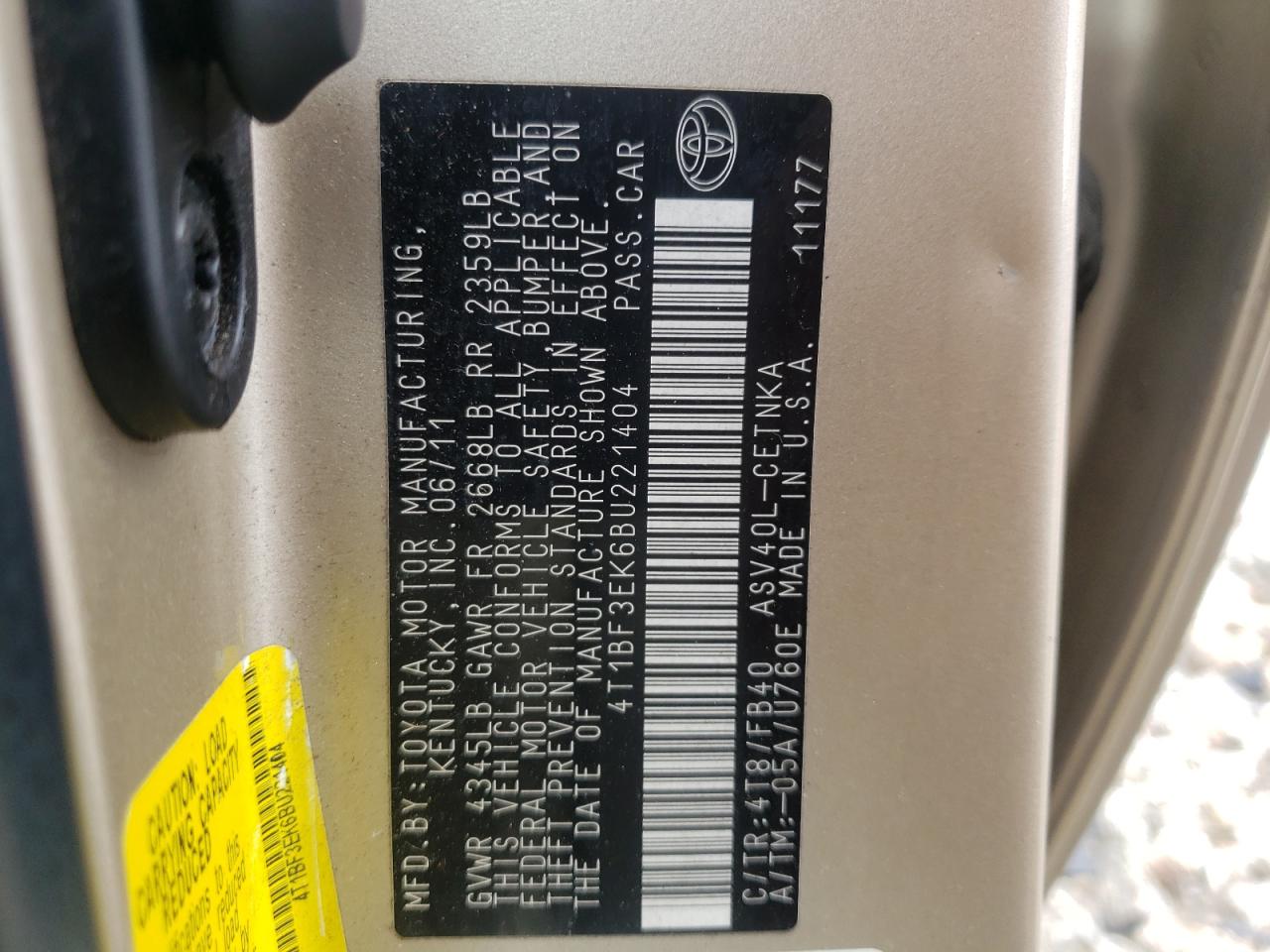 Photo 10 from auction – 2011 TOYOTA CAMRY BASE with VIN 4T1BF3EK6BU221404