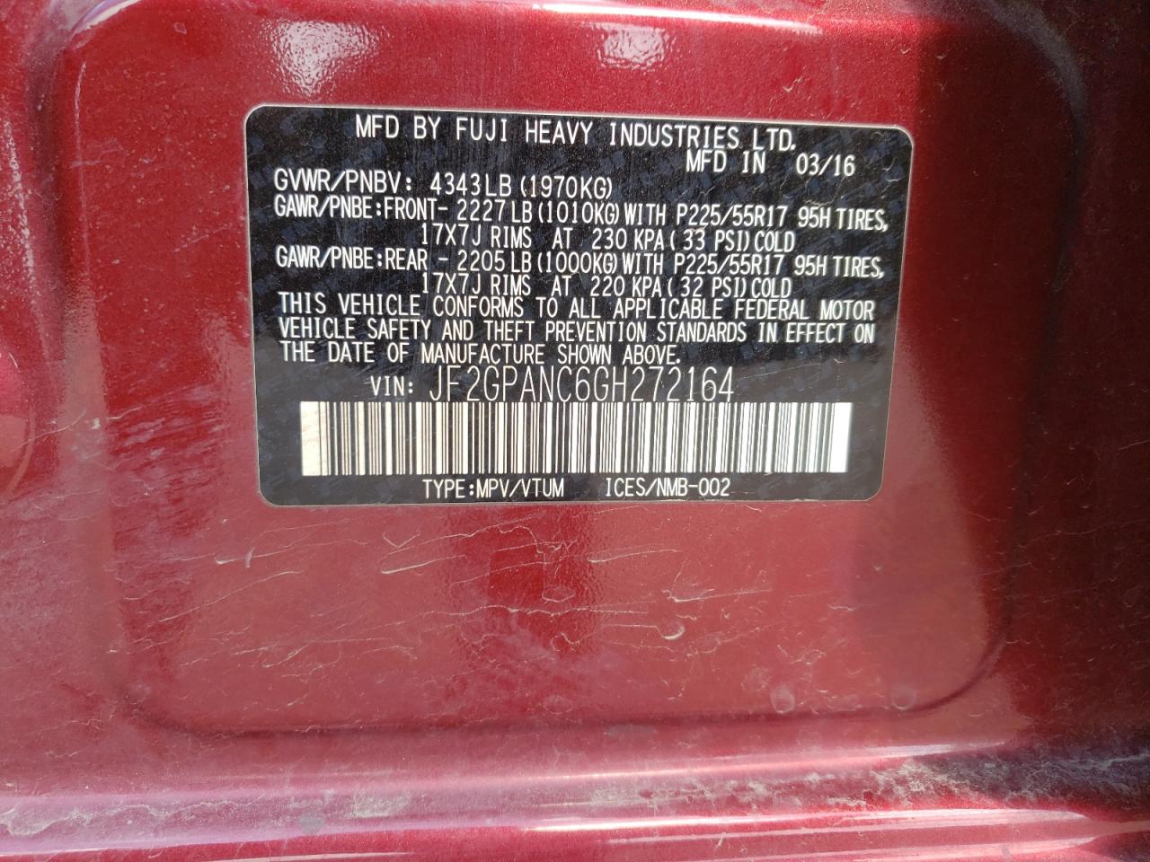 Photo 10 from auction – 2016 SUBARU CROSSTREK with VIN JF2GPANC6GH272164