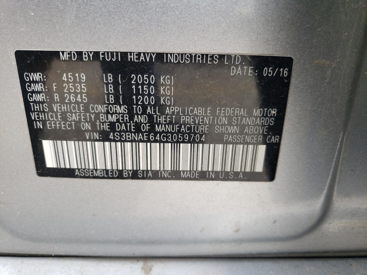 Photo 10 from auction – 2016 SUBARU LEGACY 2.5 with VIN 4S3BNAF64G3059704