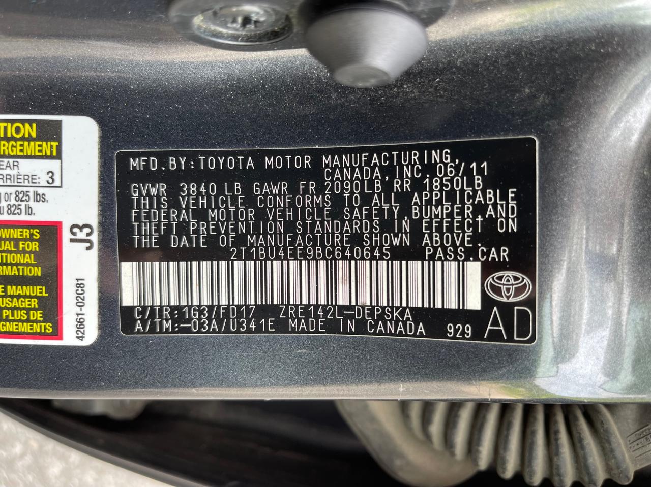 Photo 10 from auction – 2011 TOYOTA COROLLA BA with VIN 2T1BU4EE9BC640645