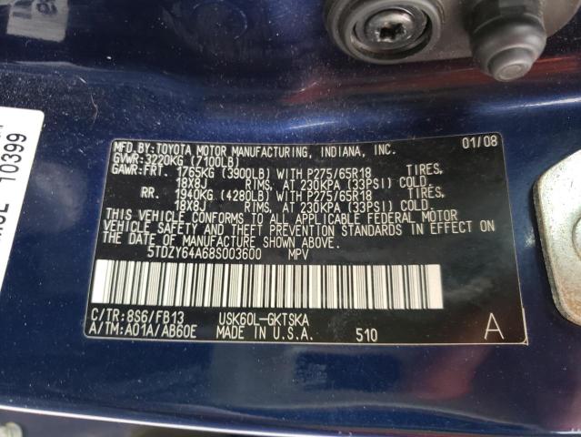 Photo 10 from auction – 2008 TOYOTA SEQUOIA SR with VIN 5TDZY64A68S003600