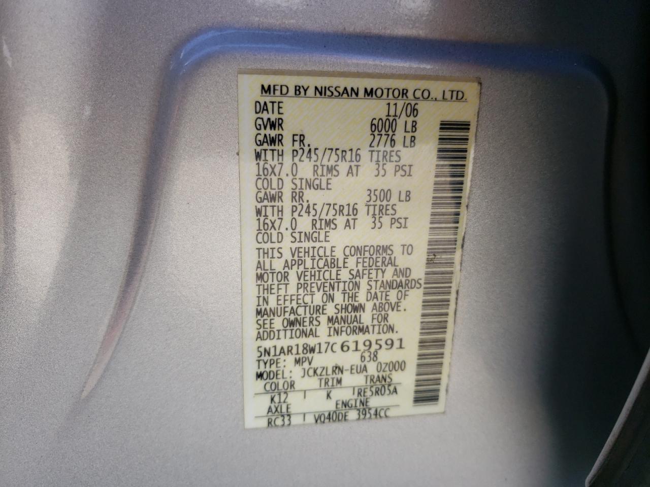 Photo 10 from auction – 2007 NISSAN PATHFINDER with VIN 5N1AR18W17C619591
