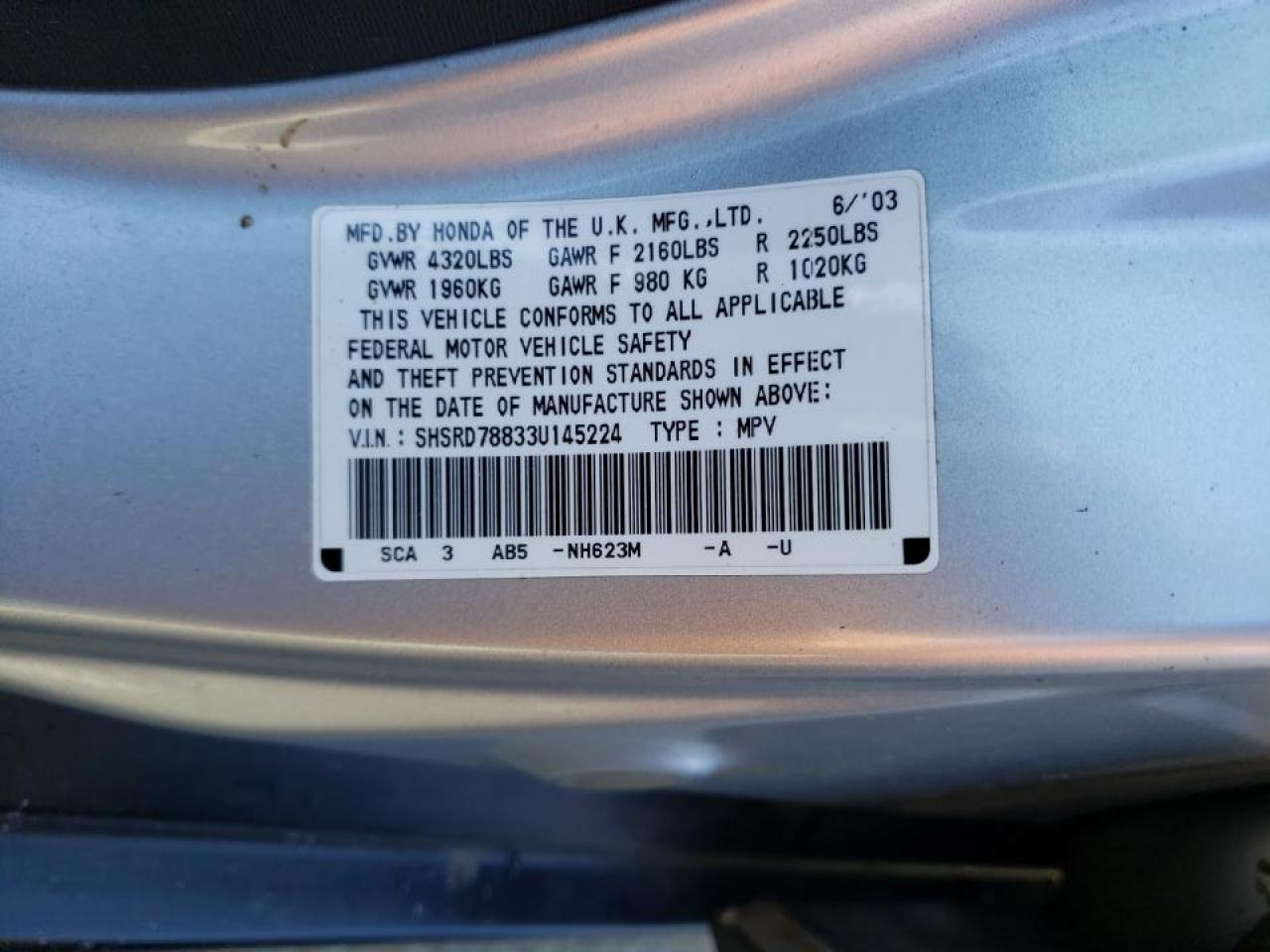 Photo 10 from auction – 2003 HONDA CR-V EX with VIN SHSRD78833U145224
