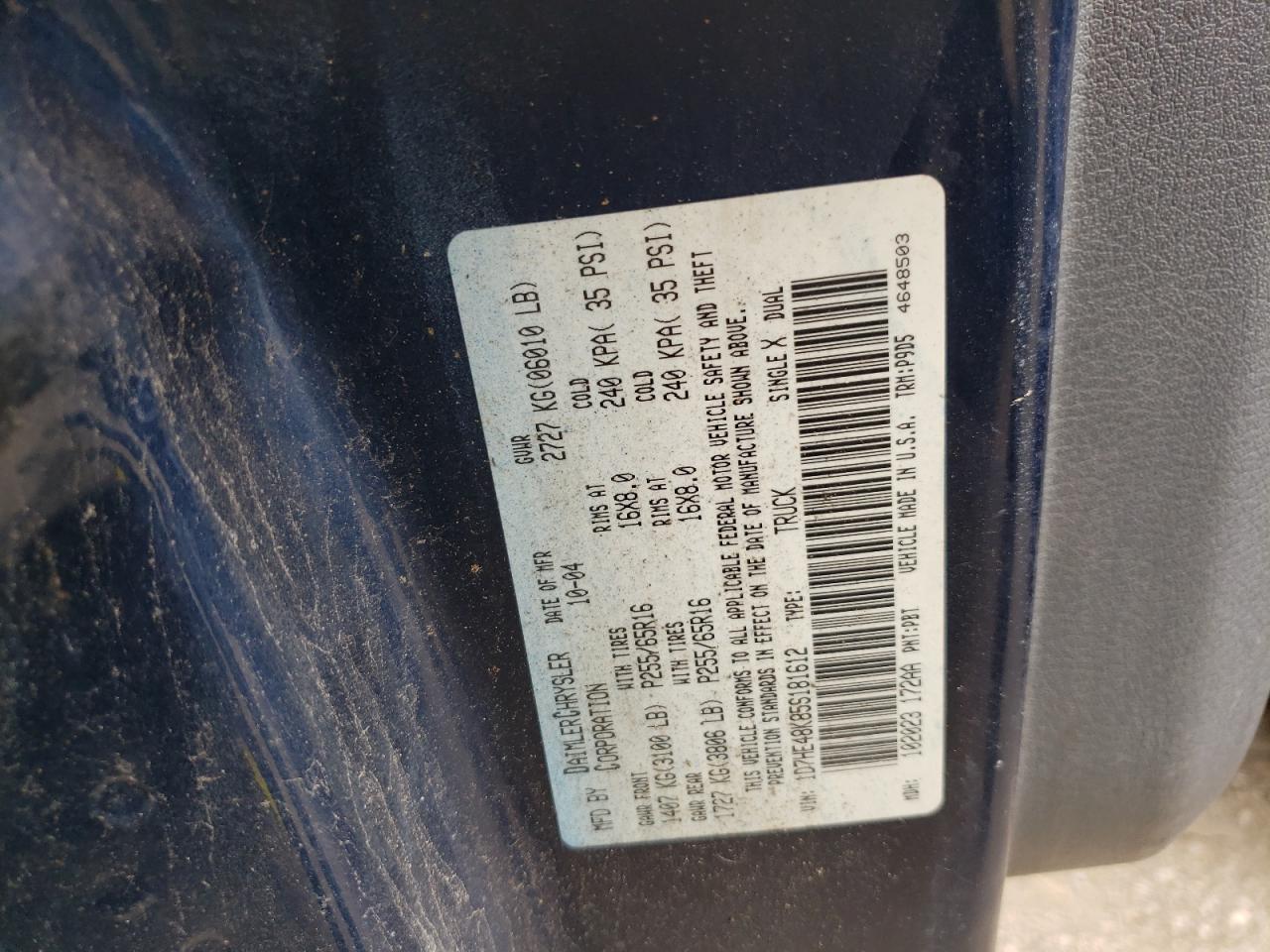 Photo 10 from auction – 2005 DODGE DAKOTA QUA with VIN 1D7HE48K85S181612