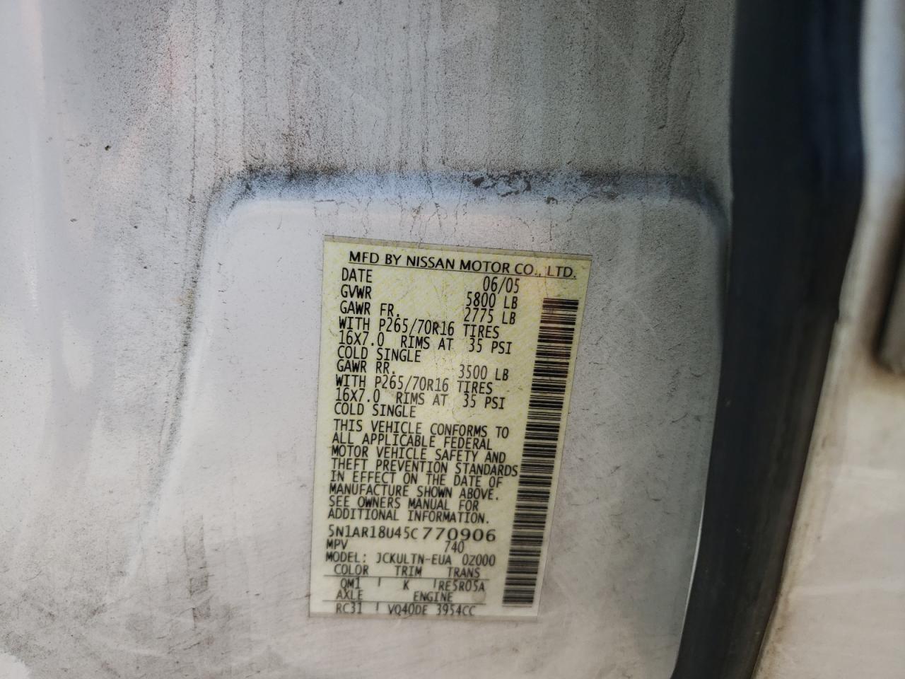 Photo 10 from auction – 2005 NISSAN PATHFINDER with VIN 5N1AR18U45C770906
