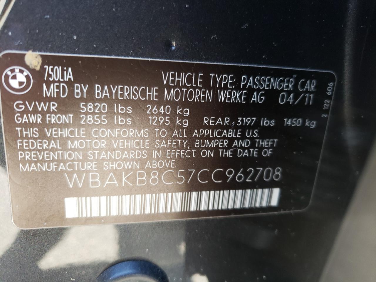 Photo 10 from auction – 2012 BMW 750 LI with VIN WBAKB8C57CC962708