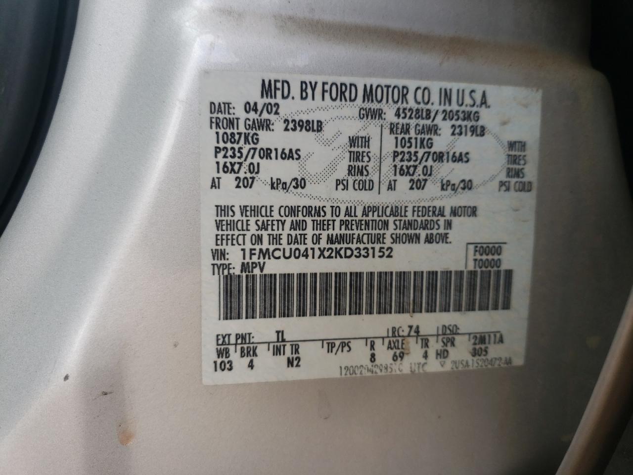 Photo 10 from auction – 2002 FORD ESCAPE XLT with VIN 1FMCU041X2KD33152