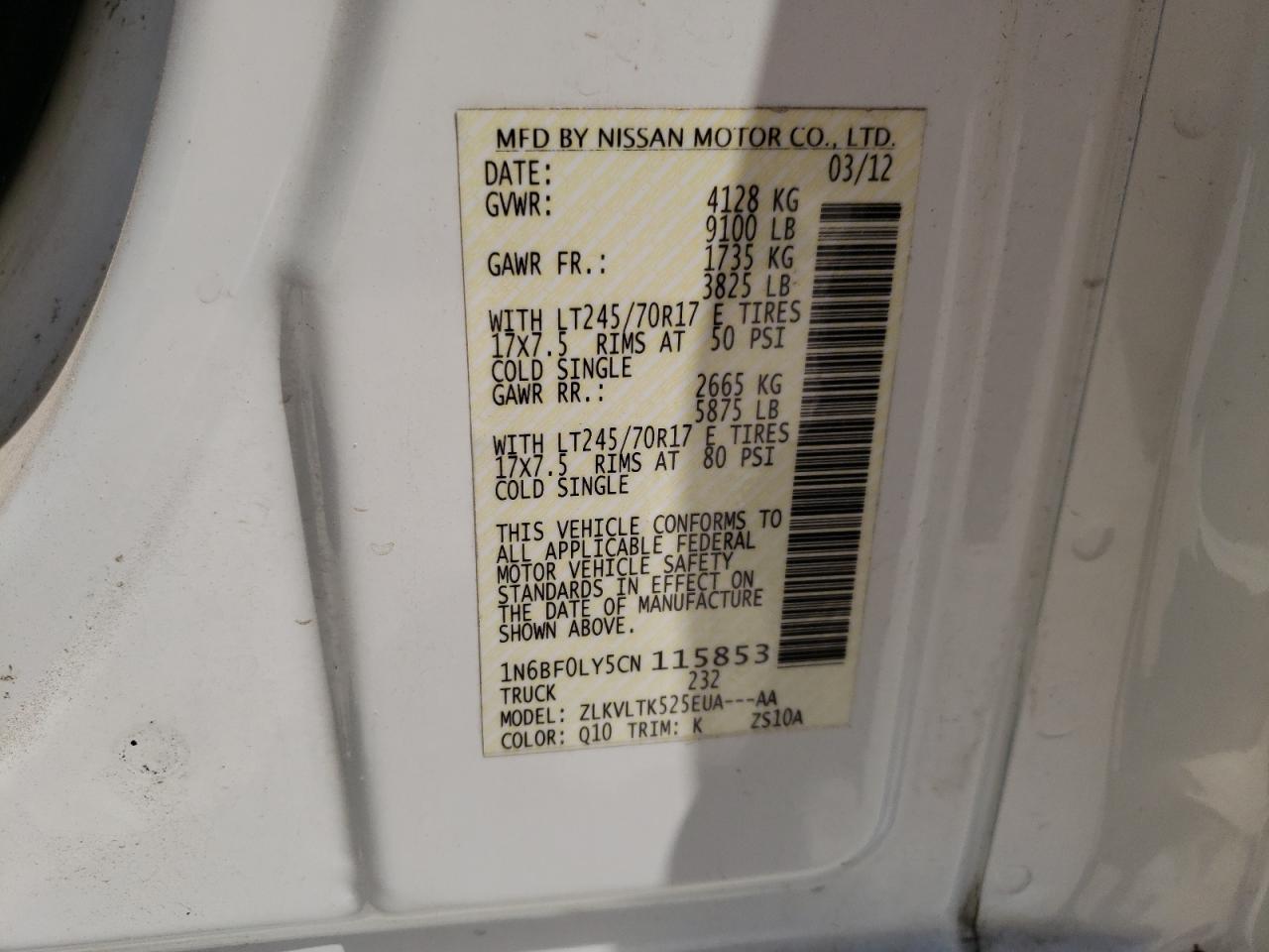 Photo 10 from auction – 2012 NISSAN NV 2500 with VIN 1N6BF0LY5CN115853