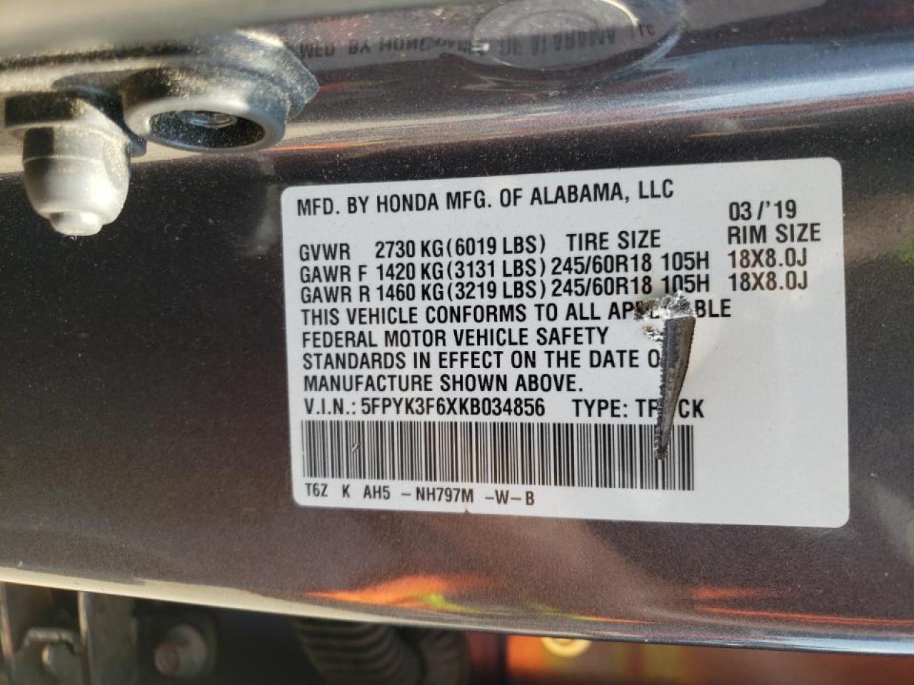 Photo 10 from auction – 2019 HONDA RIDGELINE with VIN 5FPYK3F6XKB034856