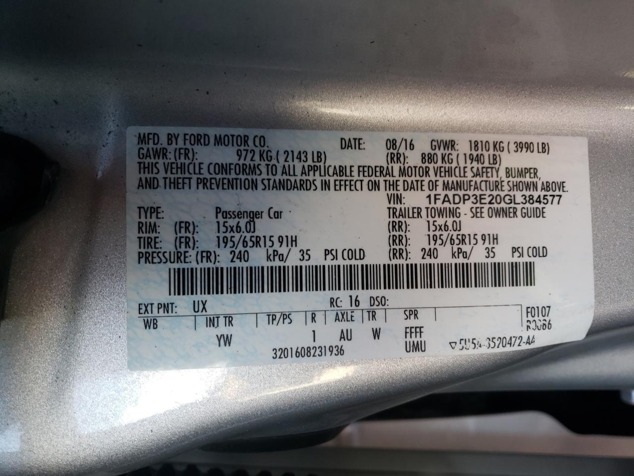 Photo 10 from auction – 2016 FORD FOCUS S with VIN 1FADP3E20GL384577