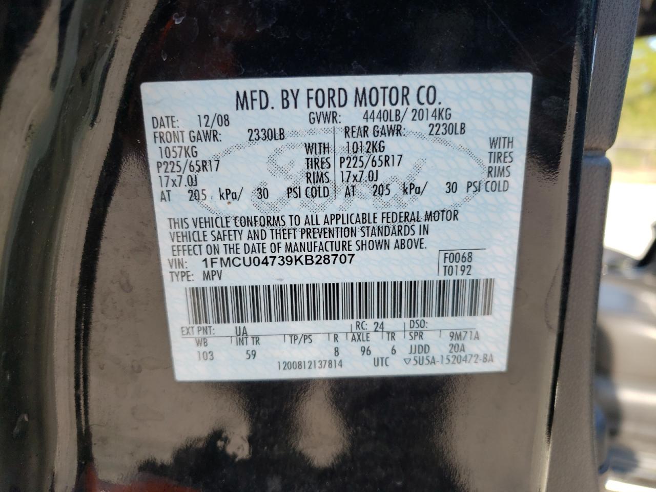 Photo 10 from auction – 2009 FORD ESCAPE LIM with VIN 1FMCU04739KB28707