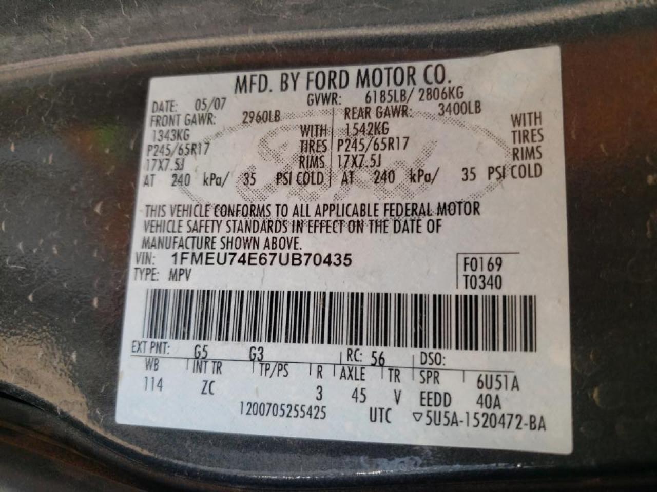 Photo 10 from auction – 2007 FORD EXPLORER E with VIN 1FMEU74E67UB70435