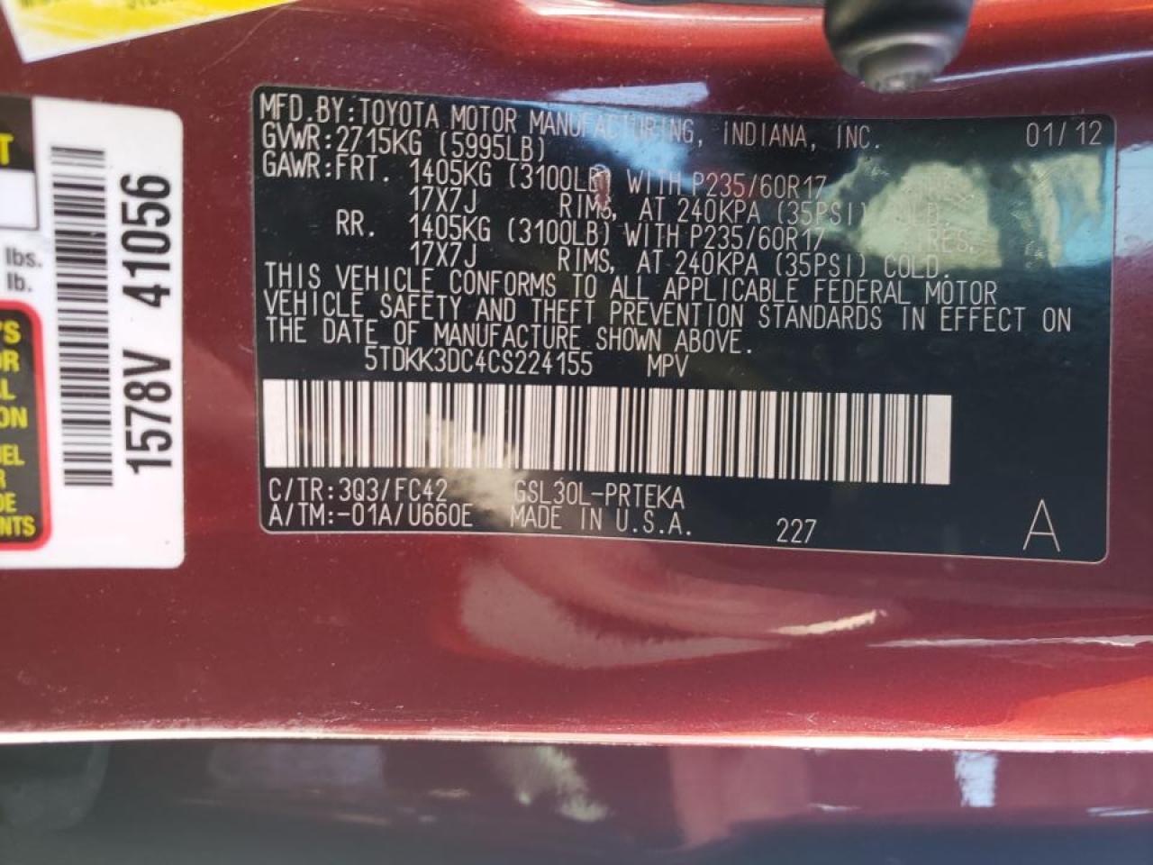 Photo 10 from auction – 2012 TOYOTA SIENNA LE with VIN 5TDKK3DC4CS224155