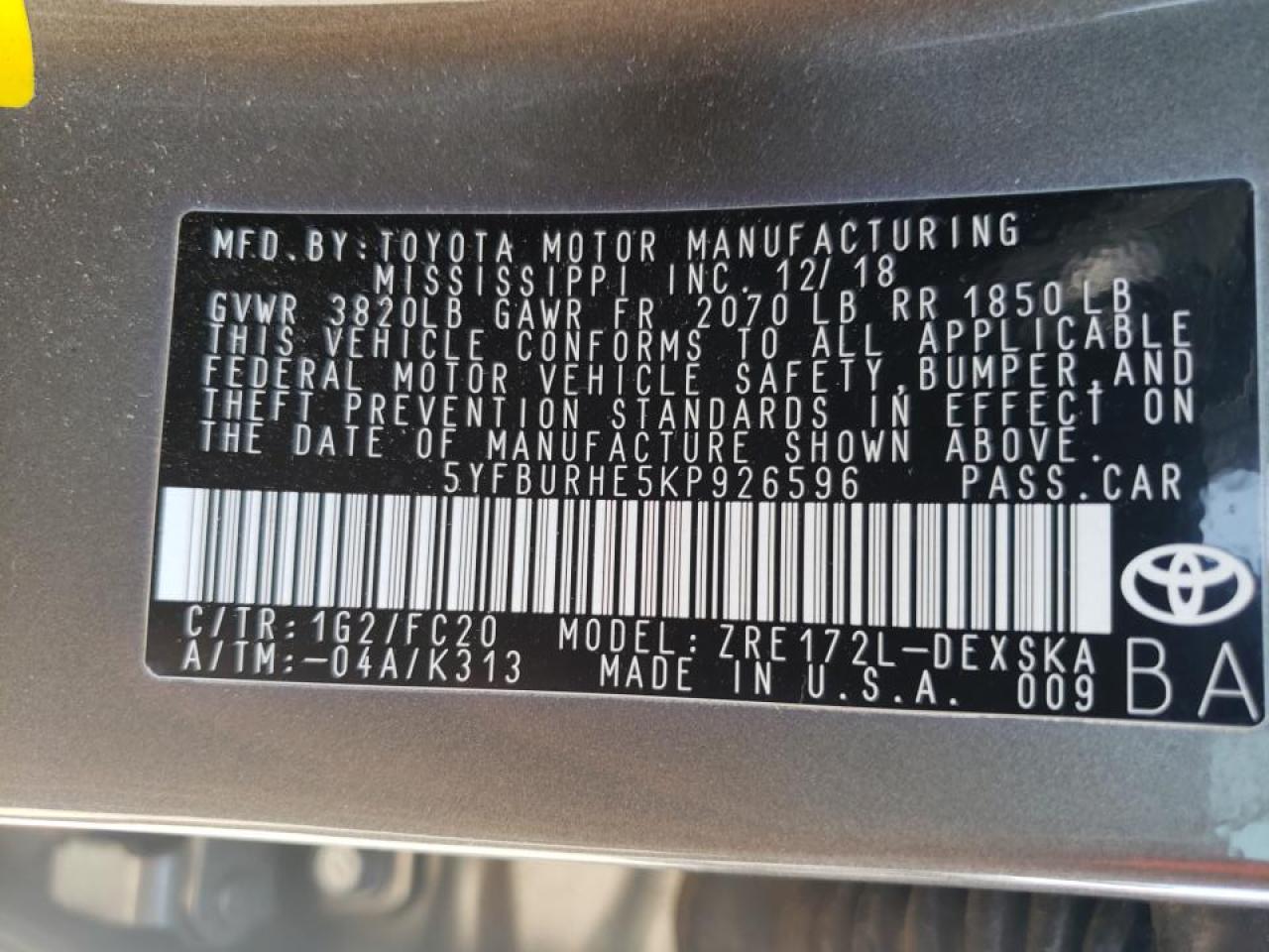 Photo 10 from auction – 2019 TOYOTA COROLLA L with VIN 5YFBURHE5KP926596