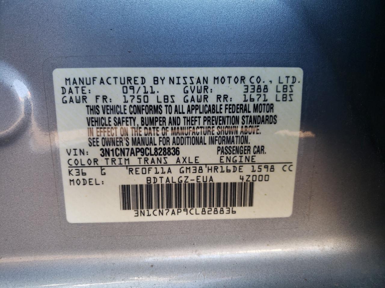 Photo 10 from auction – 2012 NISSAN VERSA S with VIN 3N1CN7AP9CL828836