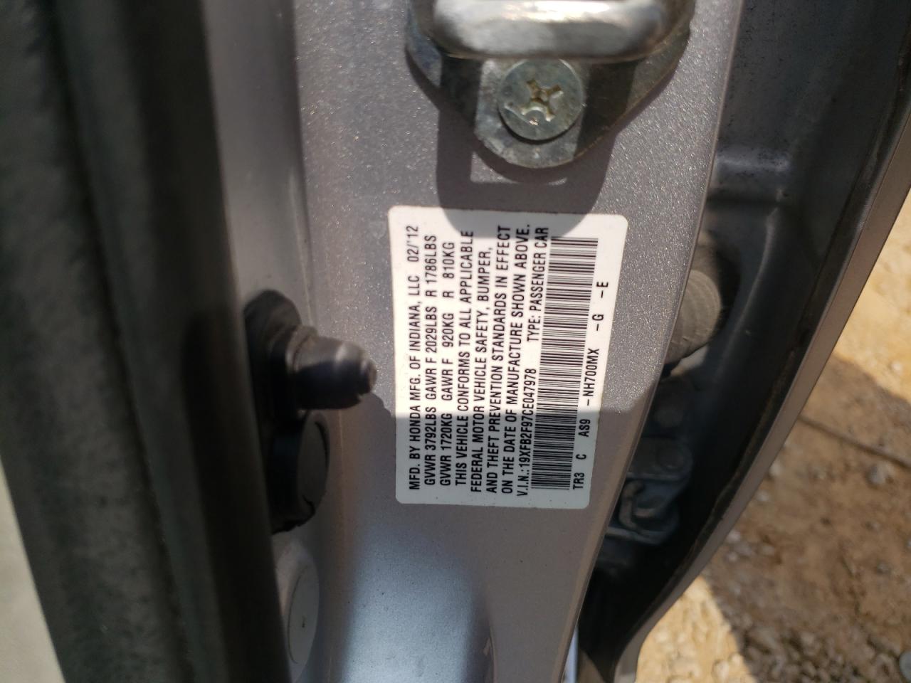 Photo 10 from auction – 2012 HONDA CIVIC EXL with VIN 19XFB2F97CE047978