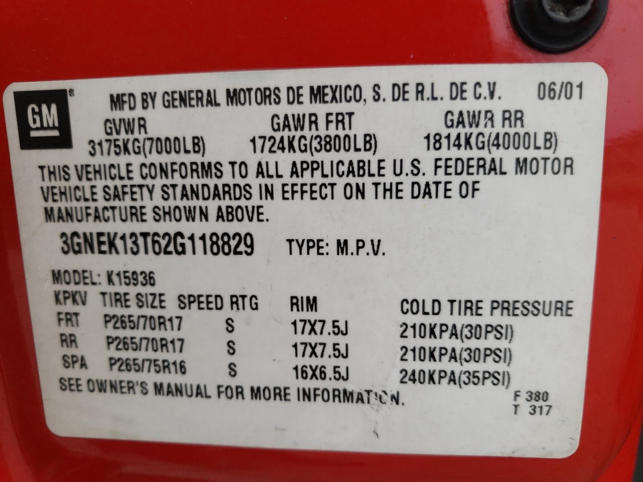 Photo 10 from auction – 2002 CHEVROLET AVALANCHE with VIN 3GNEK13T62G118829