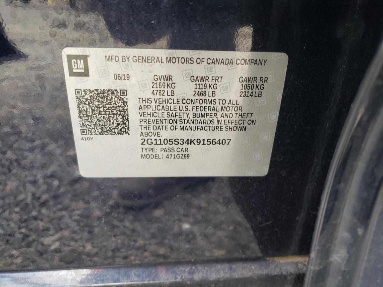 Photo 10 from auction – 2019 CHEVROLET IMPALA PRE with VIN 2G1105S34K9156407