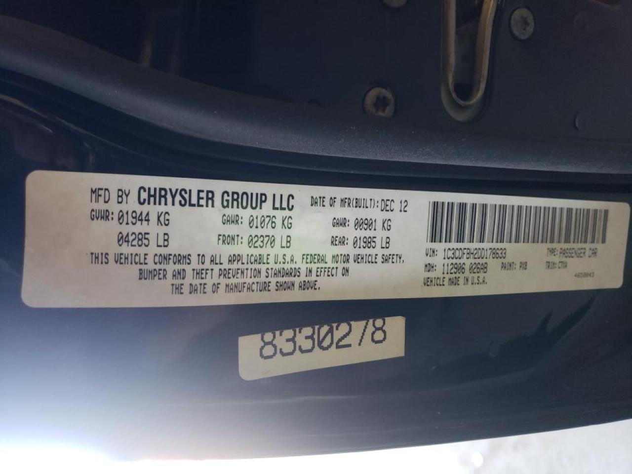 Photo 10 from auction – 2013 DODGE DART SXT with VIN 1C3CDFBH2DD178633