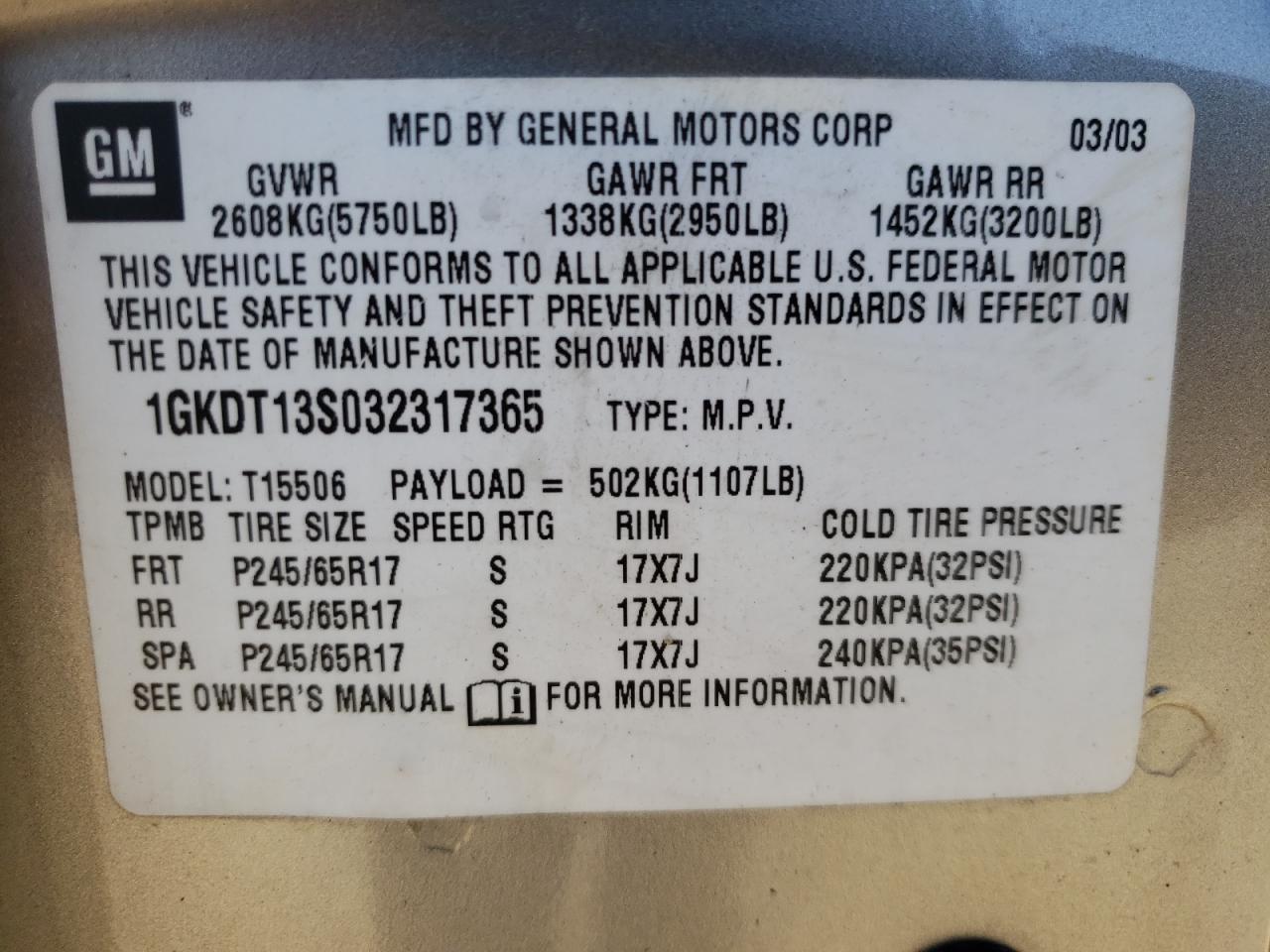 Photo 10 from auction – 2003 GMC ENVOY with VIN 1GKDT13S032317365