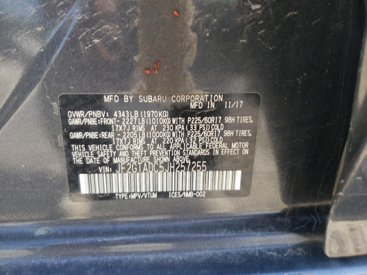 Photo 10 from auction – 2018 SUBARU CROSSTREK with VIN JF2GTADC5JH257255