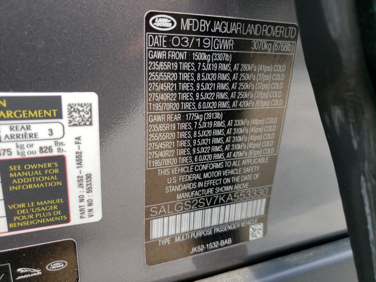 Foto 10 de la subasta – 2019 LAND ROVER RANGE ROVE con VIN SALGS2SV7KA553330