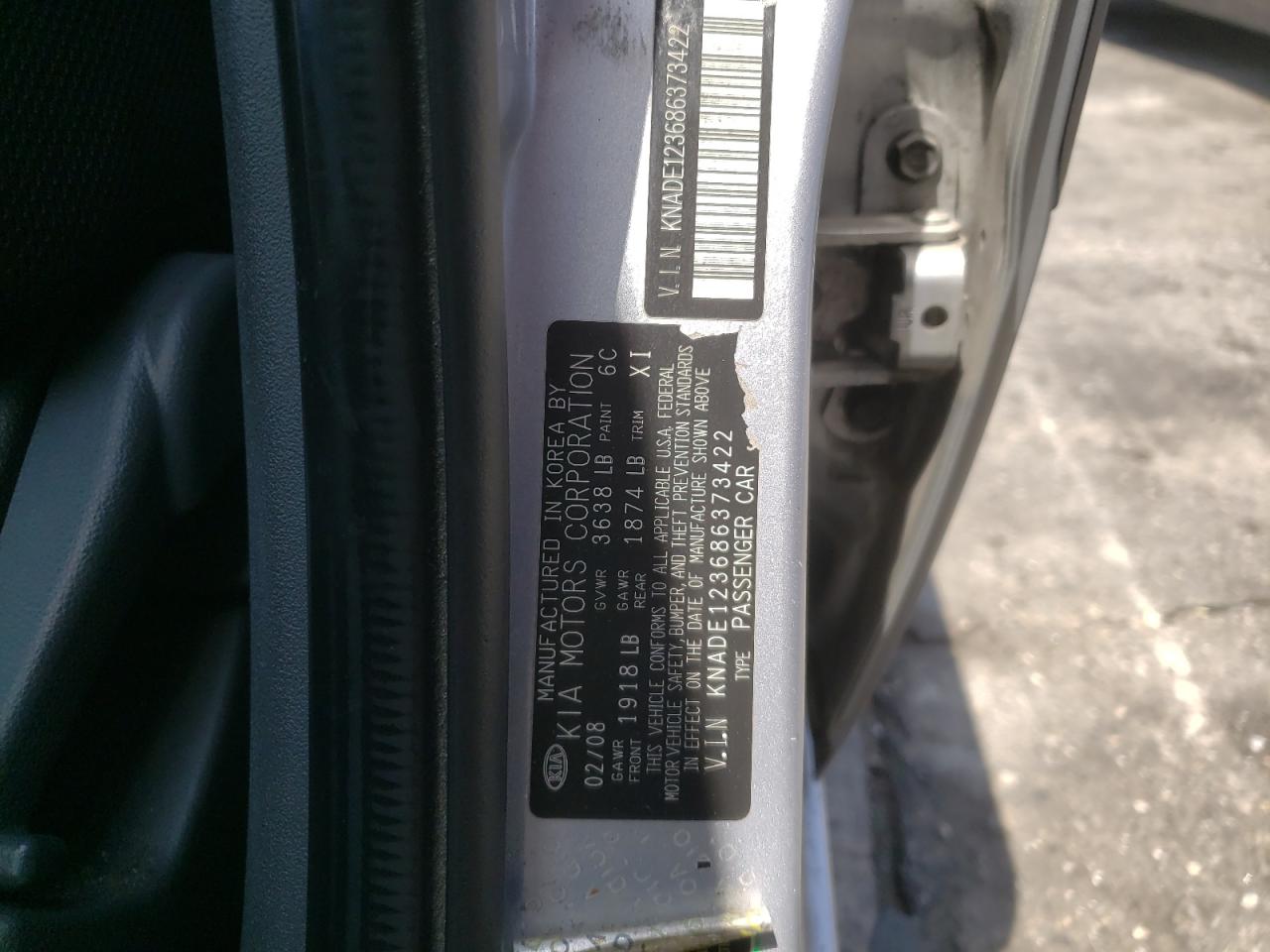 Photo 10 from auction – 2008 KIA RIO BASE with VIN KNADE123686373422