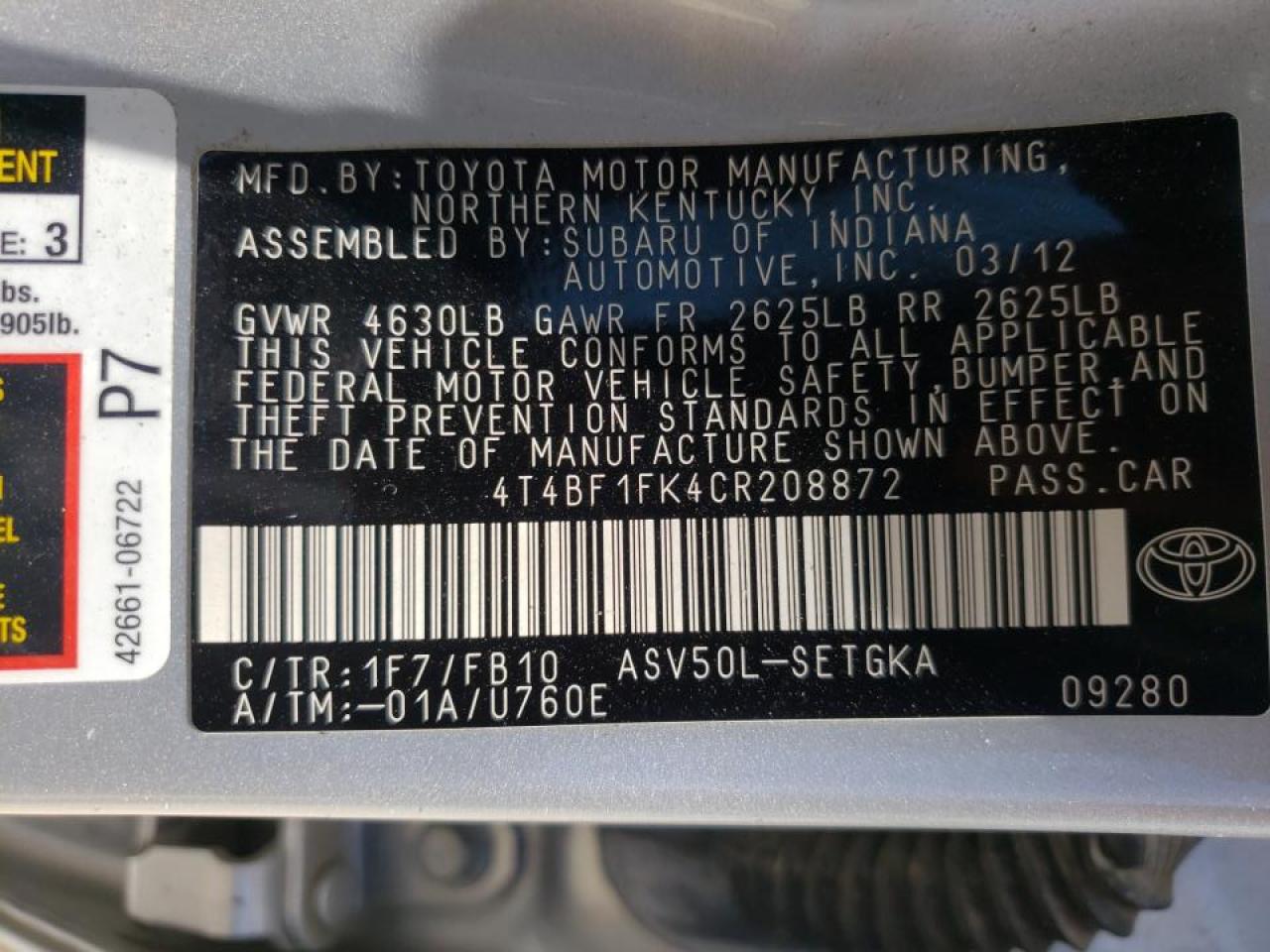 Zdjęcie 10 z aukcji – 2012 TOYOTA CAMRY BASE z VIN 4T4BF1FK4CR208872