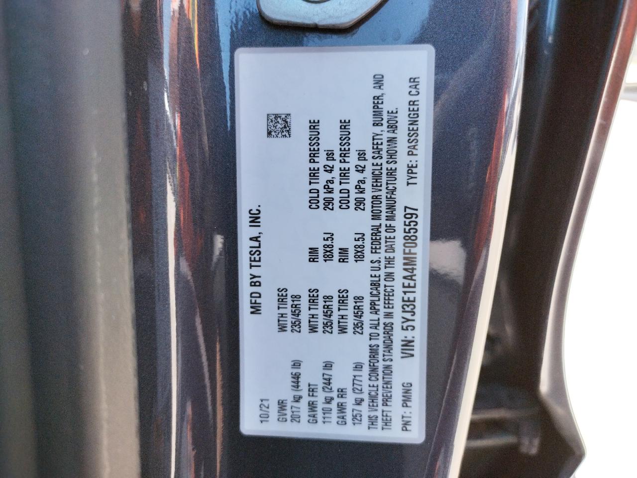 Photo 10 from auction – 2021 TESLA MODEL 3 with VIN 5YJ3E1EA4MF085597