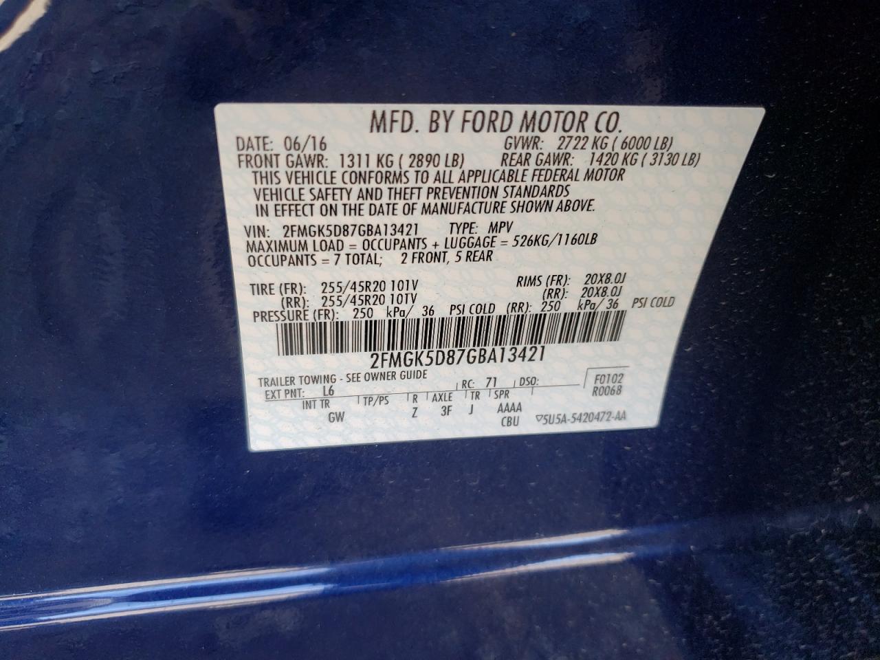 Photo 10 from auction – 2016 FORD FLEX LIMIT with VIN 2FMGK5D87GBA13421