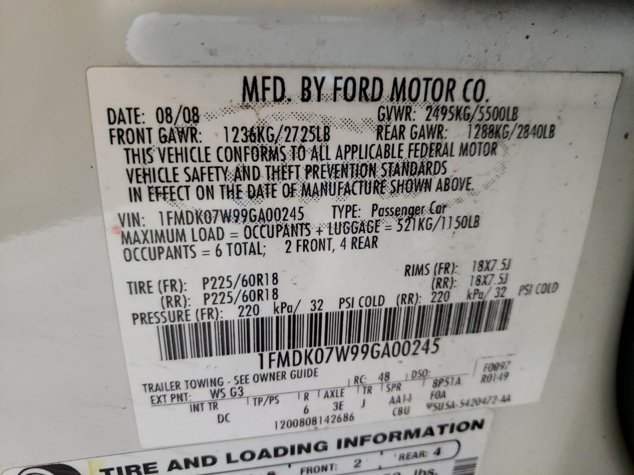 Photo 11 from auction – 2009 FORD TAURUS X E with VIN 1FMDK07W99GA00245